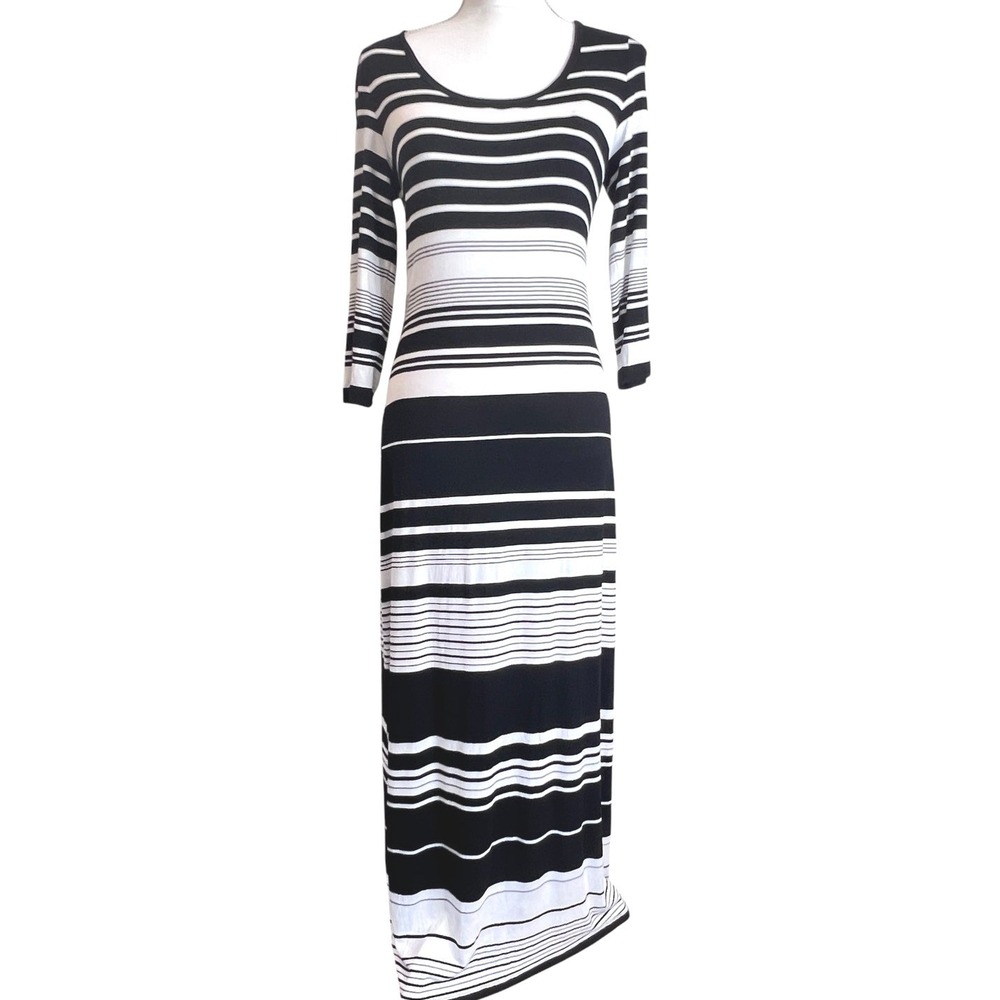 Calvin Klein Maxi Dress Womens M Black White Striped 3/4 Sleeve Bodycon